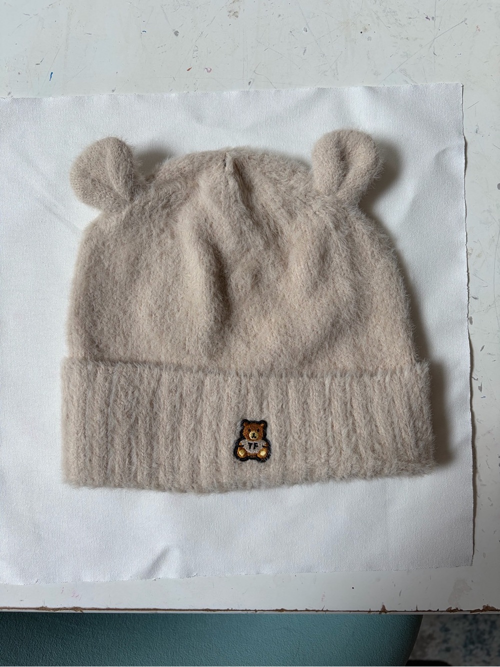 Teddy Fresh Beige Bear-Ear Fuzzy Beanie